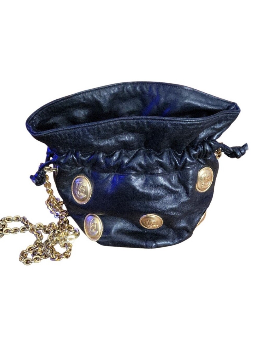 Vintage Avignon Black Faux Leather Drawstring Cameo Gold Chain Shoulder Bag
